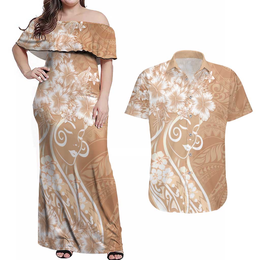 Polynesian Women's Day Couples Matching Off Shoulder Maxi Dress and Hawaiian Shirt Brown Hibiscus Flowers With Polynesian Pattern LT05 Brown - Polynesian Pride
