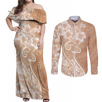 Polynesian Women's Day Couples Matching Off Shoulder Maxi Dress and Long Sleeve Button Shirt Brown Hibiscus Flowers With Polynesian Pattern LT05 Brown - Polynesian Pride