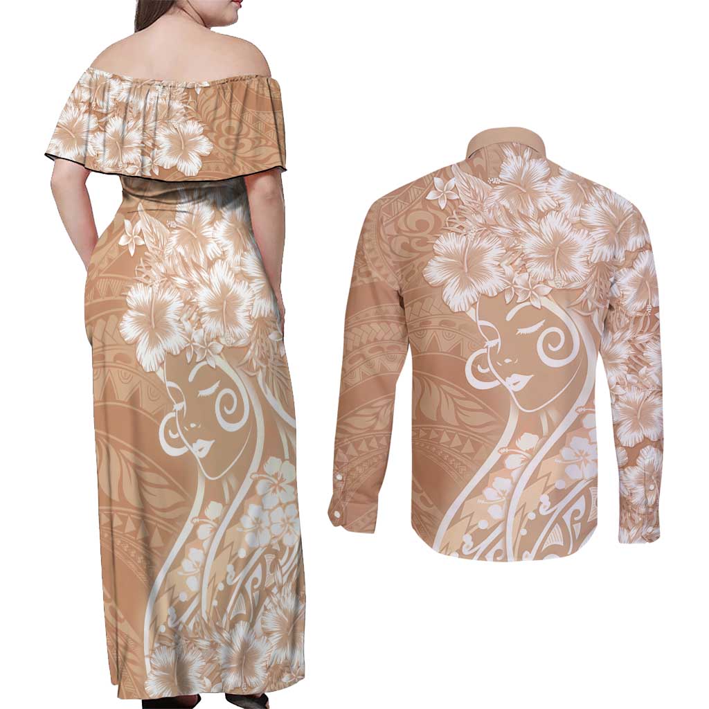 Polynesian Women's Day Couples Matching Off Shoulder Maxi Dress and Long Sleeve Button Shirt Brown Hibiscus Flowers With Polynesian Pattern LT05 - Polynesian Pride