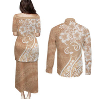 Polynesian Women's Day Couples Matching Puletasi and Long Sleeve Button Shirt Brown Hibiscus Flowers With Polynesian Pattern LT05 - Polynesian Pride