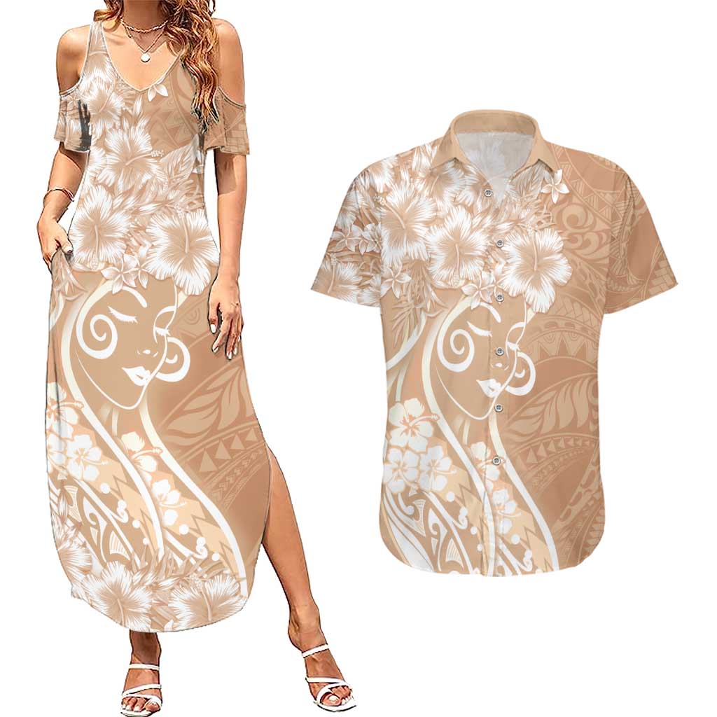 Polynesian Women's Day Couples Matching Summer Maxi Dress and Hawaiian Shirt Brown Hibiscus Flowers With Polynesian Pattern LT05 Brown - Polynesian Pride