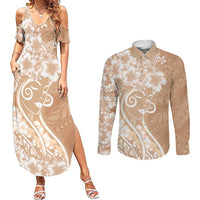 Polynesian Women's Day Couples Matching Summer Maxi Dress and Long Sleeve Button Shirt Brown Hibiscus Flowers With Polynesian Pattern