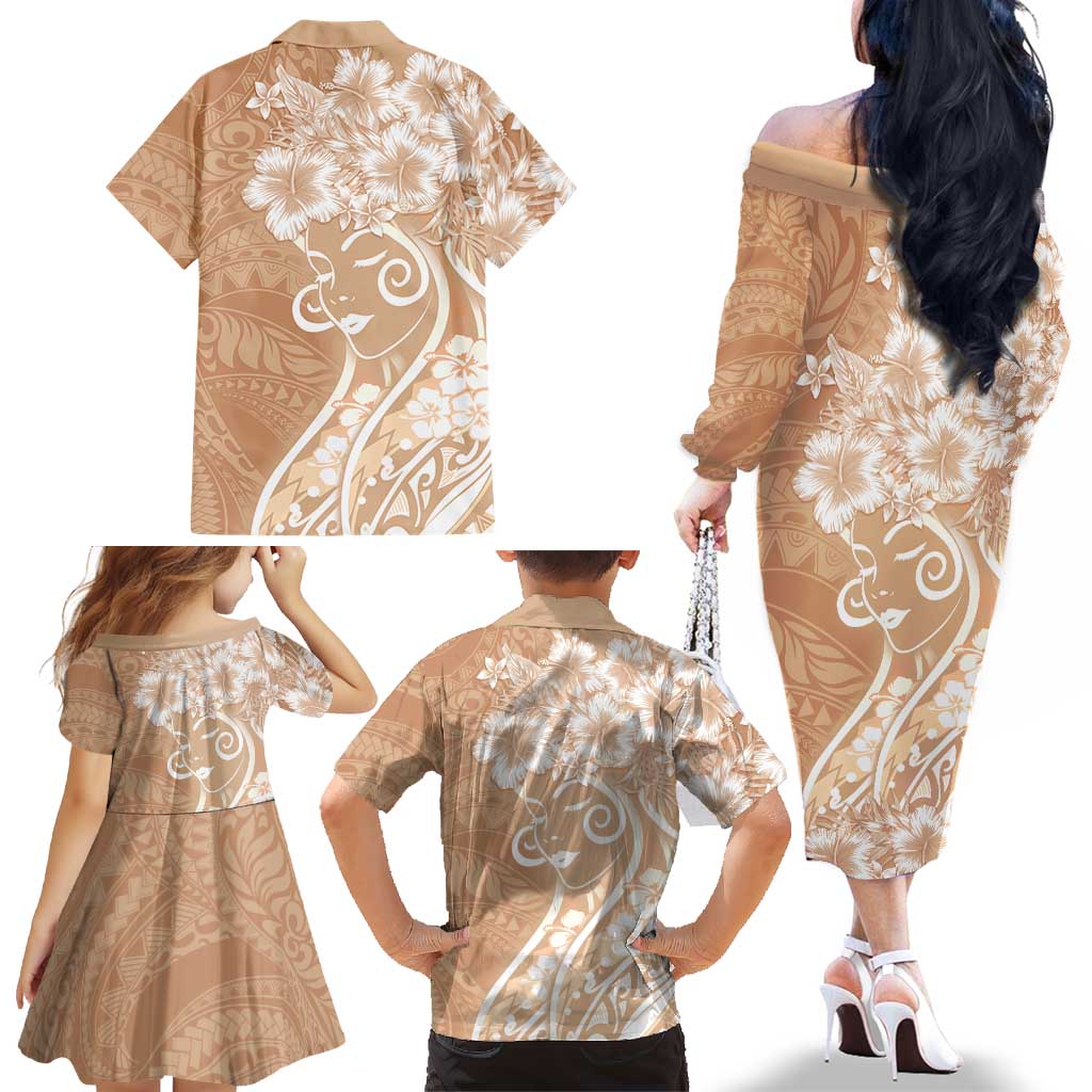 Polynesian Women's Day Family Matching Off The Shoulder Long Sleeve Dress and Hawaiian Shirt Brown Hibiscus Flowers With Polynesian Pattern