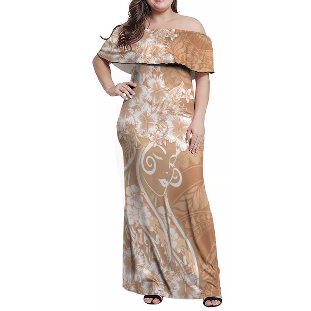 Polynesian Women's Day Family Matching Off Shoulder Maxi Dress and Hawaiian Shirt Brown Hibiscus Flowers With Polynesian Pattern