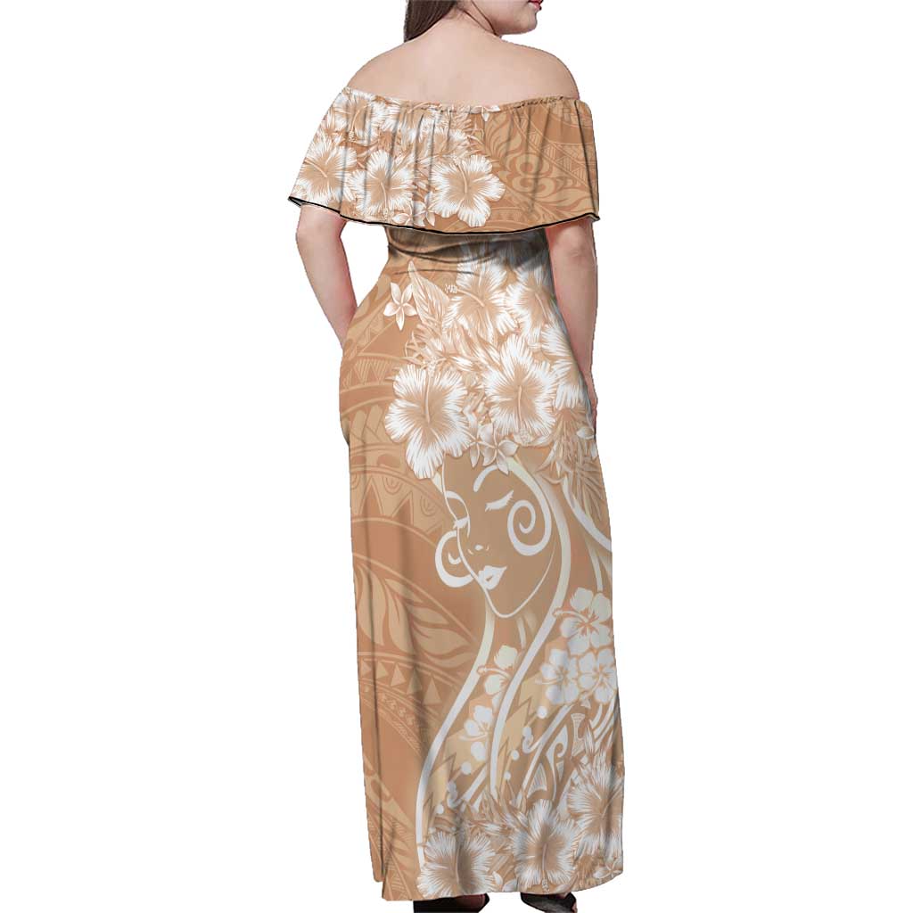 Polynesian Women's Day Family Matching Off Shoulder Maxi Dress and Hawaiian Shirt Brown Hibiscus Flowers With Polynesian Pattern