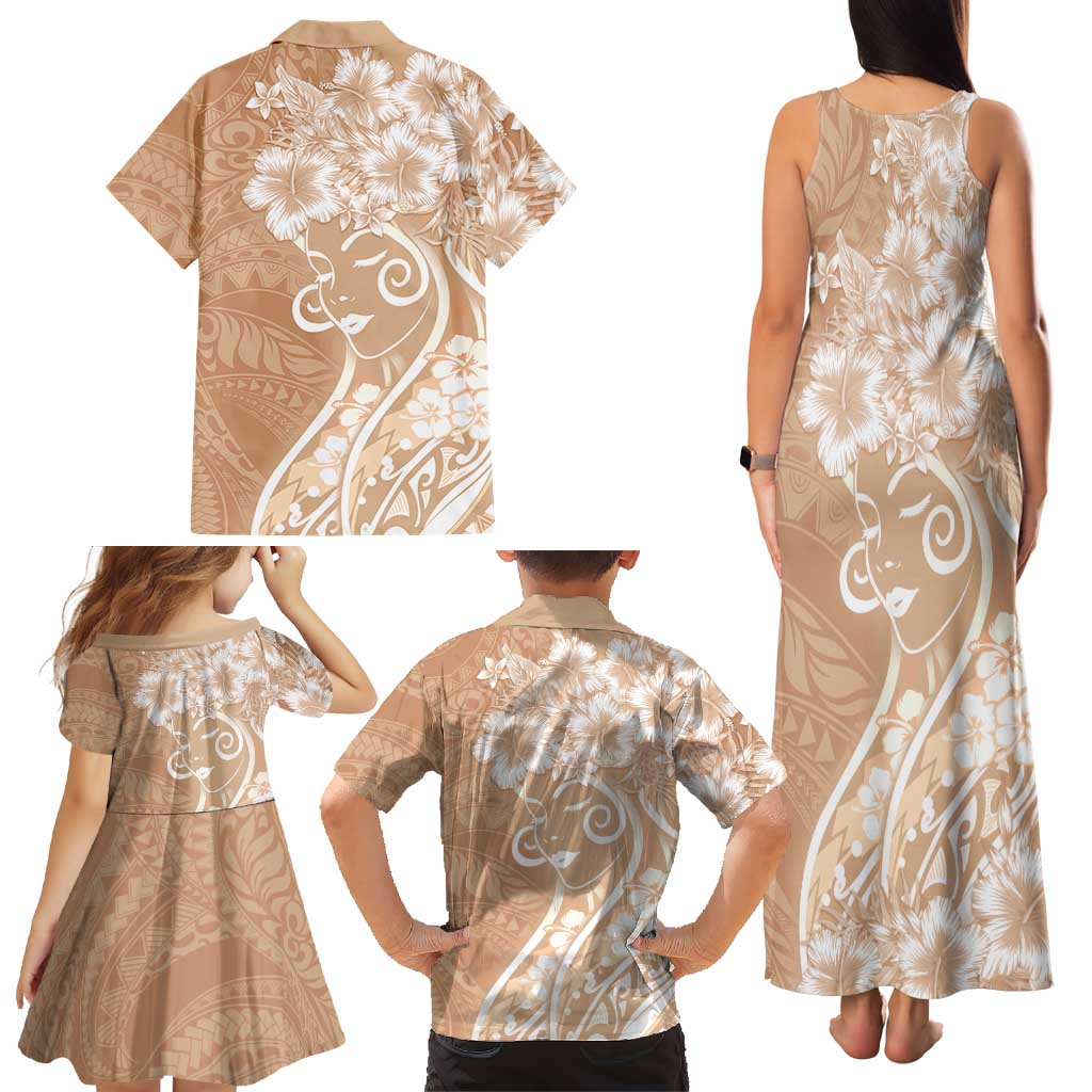 Polynesian Women's Day Family Matching Tank Maxi Dress and Hawaiian Shirt Brown Hibiscus Flowers With Polynesian Pattern