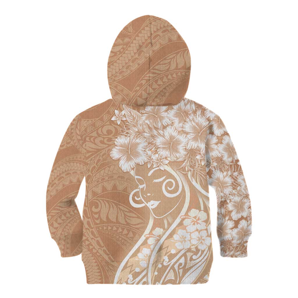 Polynesian Women's Day Kid Hoodie Brown Hibiscus Flowers With Polynesian Pattern