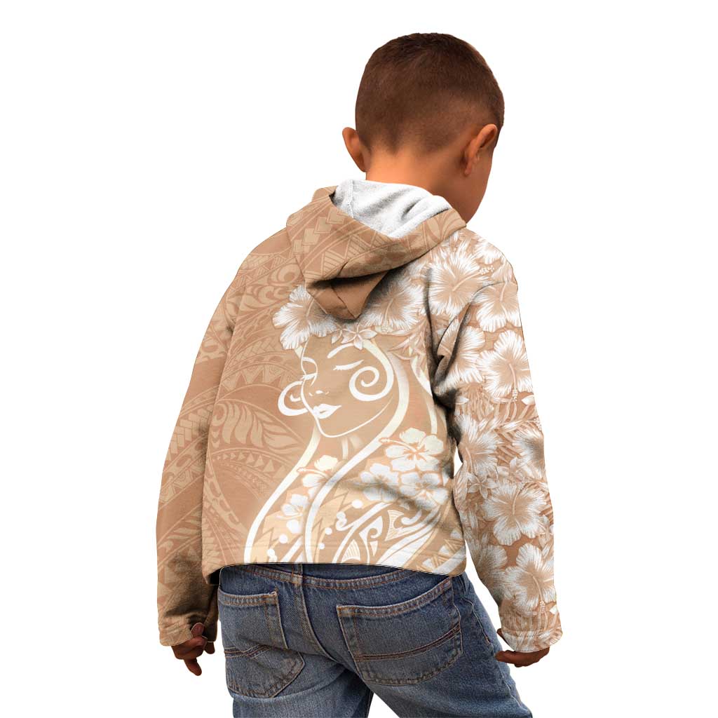 Polynesian Women's Day Kid Hoodie Brown Hibiscus Flowers With Polynesian Pattern