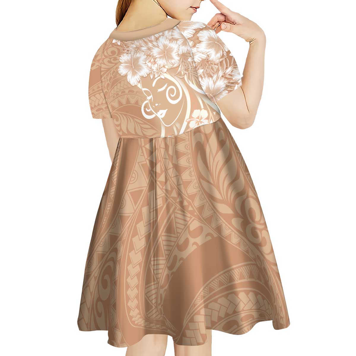 Polynesian Women's Day Kid Short Sleeve Dress Brown Hibiscus Flowers With Polynesian Pattern LT05 - Polynesian Pride