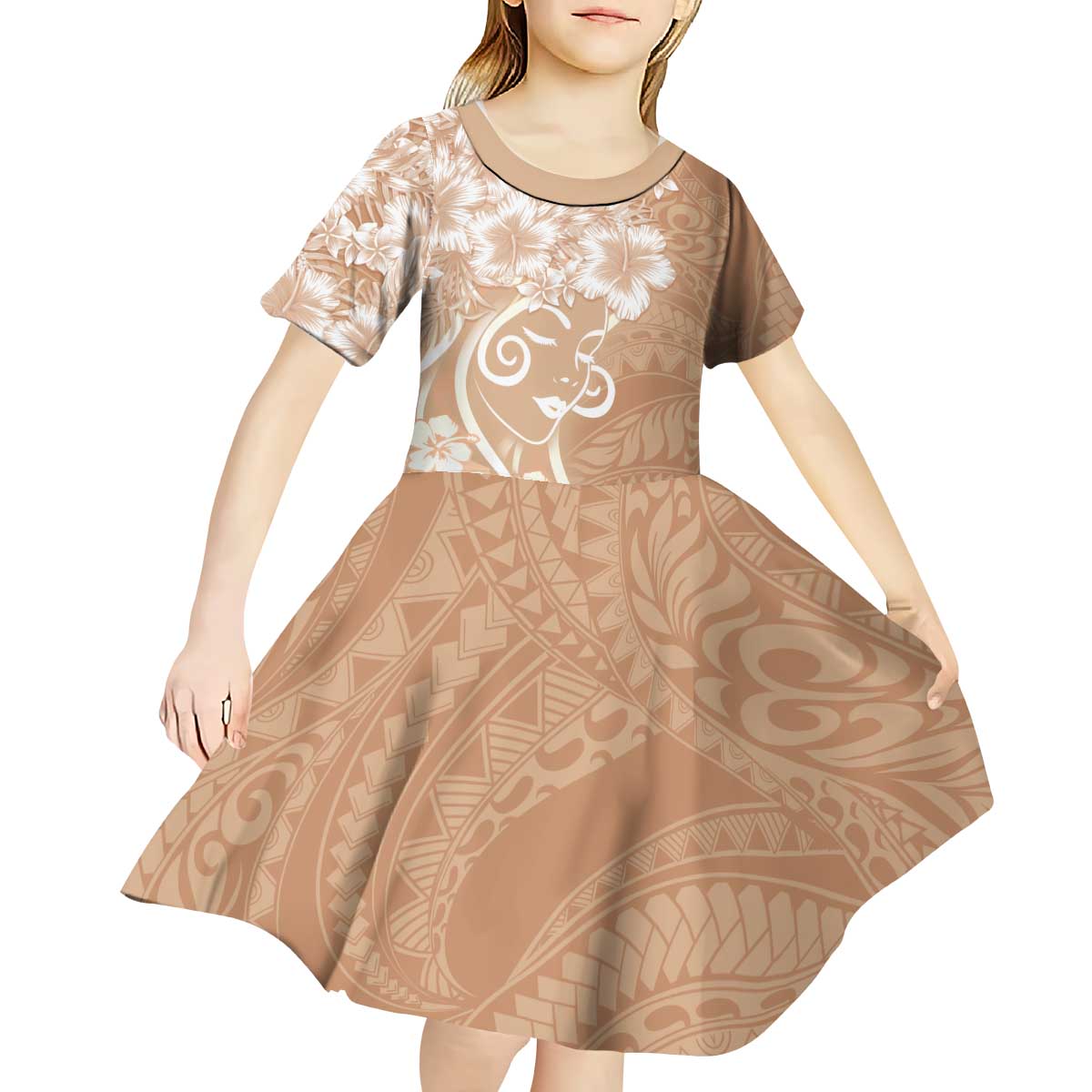 Polynesian Women's Day Kid Short Sleeve Dress Brown Hibiscus Flowers With Polynesian Pattern LT05 - Polynesian Pride