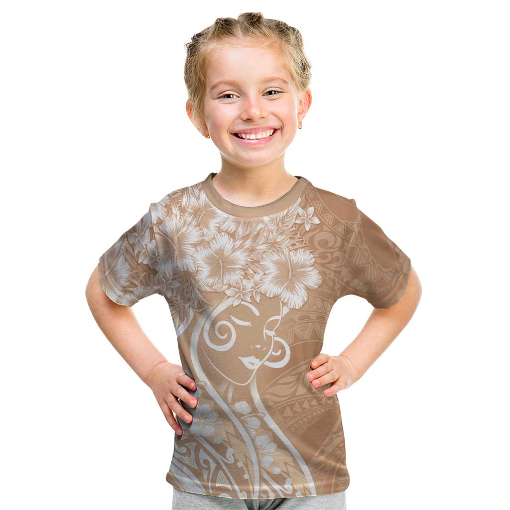 Polynesian Women's Day Kid T Shirt Brown Hibiscus Flowers With Polynesian Pattern LT05 Brown - Polynesian Pride