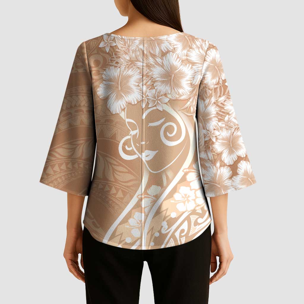 Polynesian Women's Day Kimono Sleeve Blouse Brown Hibiscus Flowers With Polynesian Pattern