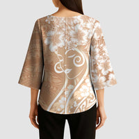 Polynesian Women's Day Kimono Sleeve Blouse Brown Hibiscus Flowers With Polynesian Pattern