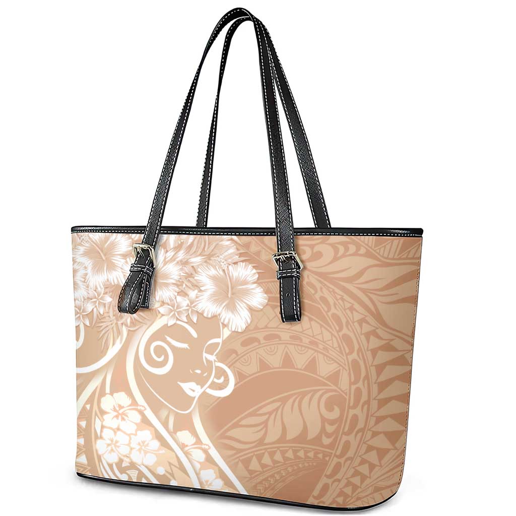 Polynesian Women's Day Leather Tote Bag Brown Hibiscus Flowers With Polynesian Pattern LT05 - Polynesian Pride