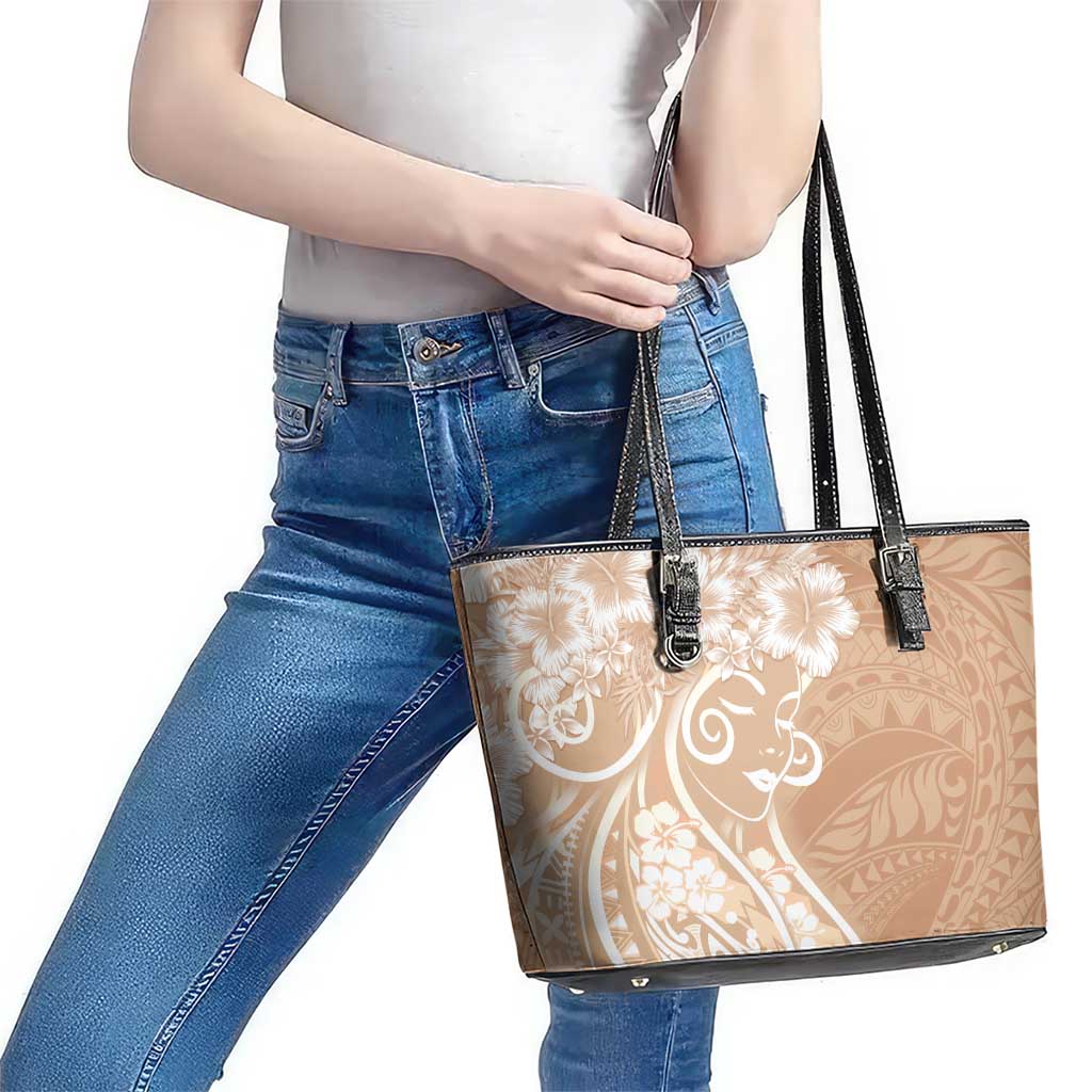Polynesian Women's Day Leather Tote Bag Brown Hibiscus Flowers With Polynesian Pattern LT05 - Polynesian Pride
