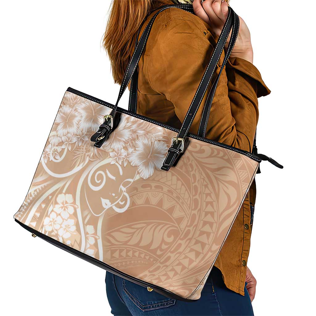 Polynesian Women's Day Leather Tote Bag Brown Hibiscus Flowers With Polynesian Pattern LT05 - Polynesian Pride