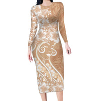 Polynesian Women's Day Long Sleeve Bodycon Dress Brown Hibiscus Flowers With Polynesian Pattern LT05 Long Dress Brown - Polynesian Pride