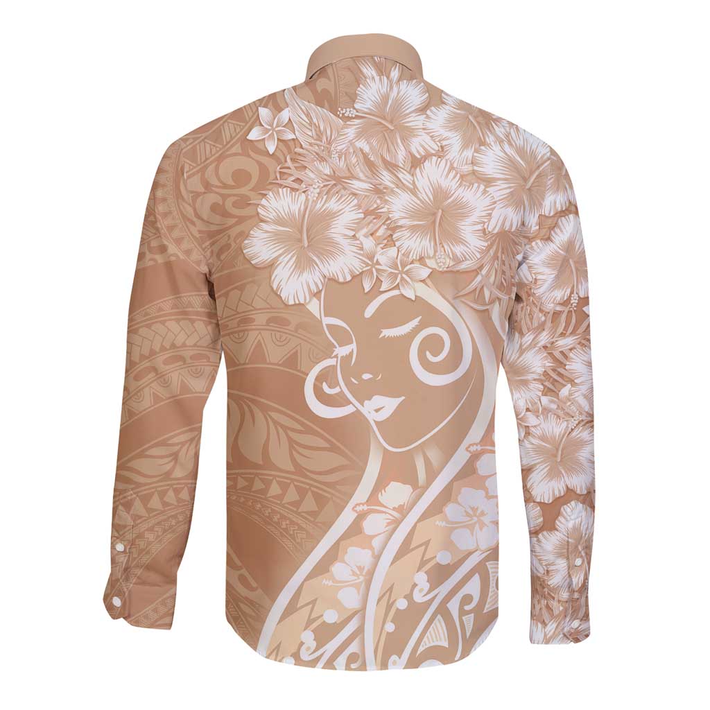 Polynesian Women's Day Long Sleeve Button Shirt Brown Hibiscus Flowers With Polynesian Pattern LT05 - Polynesian Pride