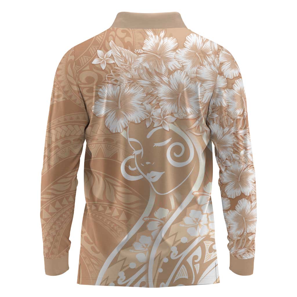 Polynesian Women's Day Long Sleeve Polo Shirt Brown Hibiscus Flowers With Polynesian Pattern LT05 - Polynesian Pride