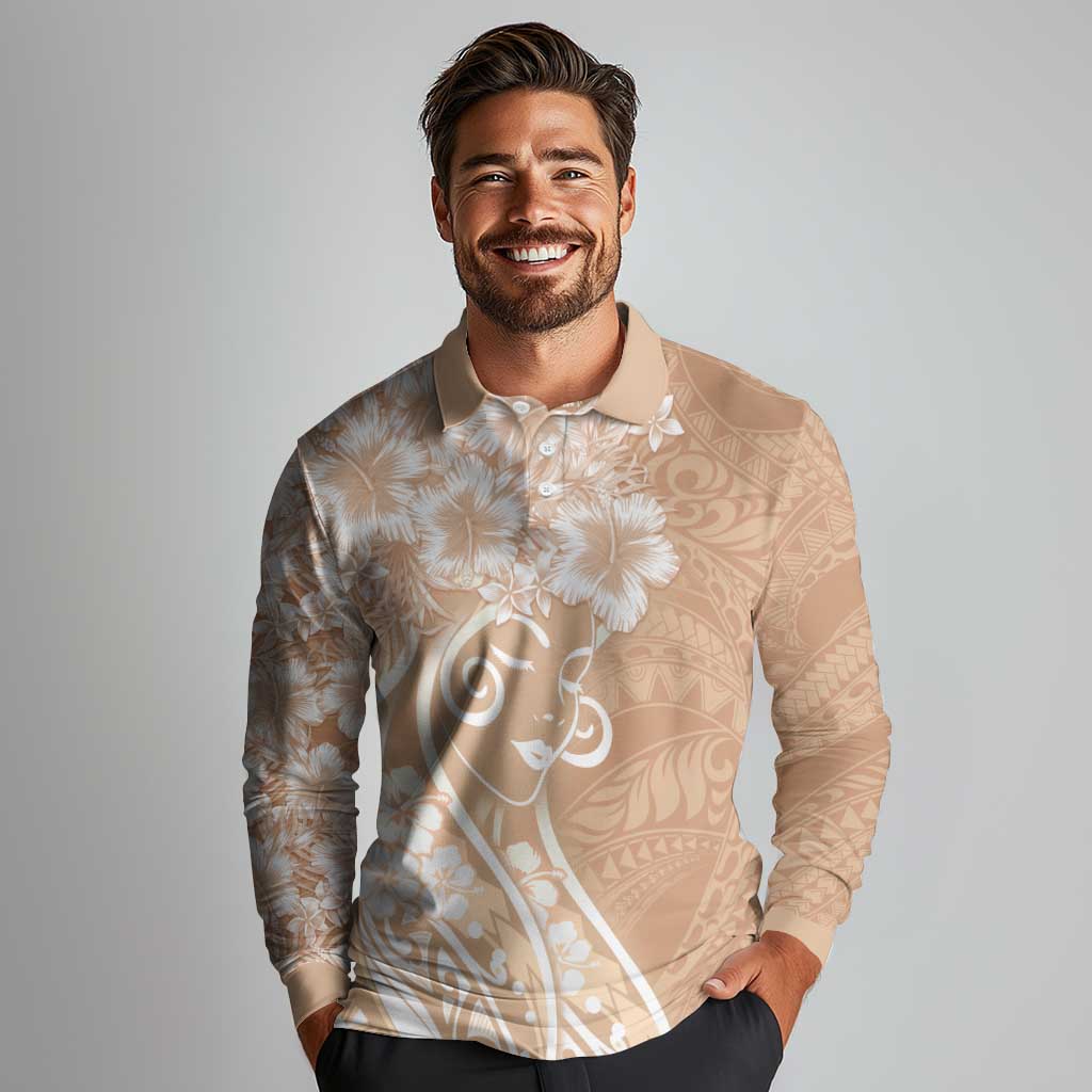 Polynesian Women's Day Long Sleeve Polo Shirt Brown Hibiscus Flowers With Polynesian Pattern LT05 - Polynesian Pride