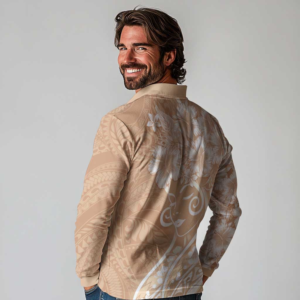 Polynesian Women's Day Long Sleeve Polo Shirt Brown Hibiscus Flowers With Polynesian Pattern LT05 - Polynesian Pride