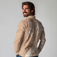 Polynesian Women's Day Long Sleeve Polo Shirt Brown Hibiscus Flowers With Polynesian Pattern LT05 - Polynesian Pride