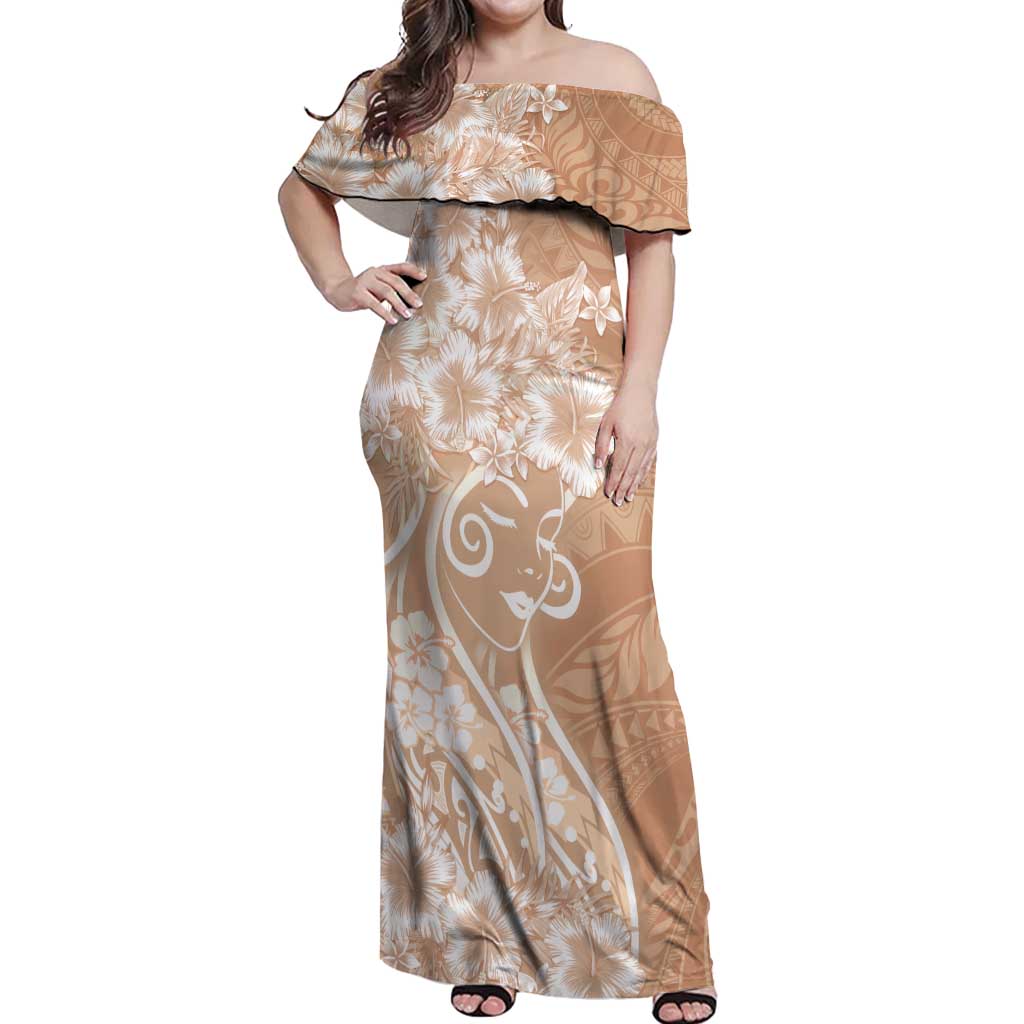 Polynesian Women's Day Off Shoulder Maxi Dress Brown Hibiscus Flowers With Polynesian Pattern LT05 Women Brown - Polynesian Pride