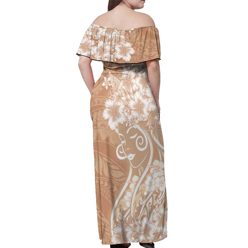 Polynesian Women's Day Off Shoulder Maxi Dress Brown Hibiscus Flowers With Polynesian Pattern LT05 - Polynesian Pride