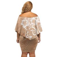 Polynesian Women's Day Off Shoulder Short Dress Brown Hibiscus Flowers With Polynesian Pattern