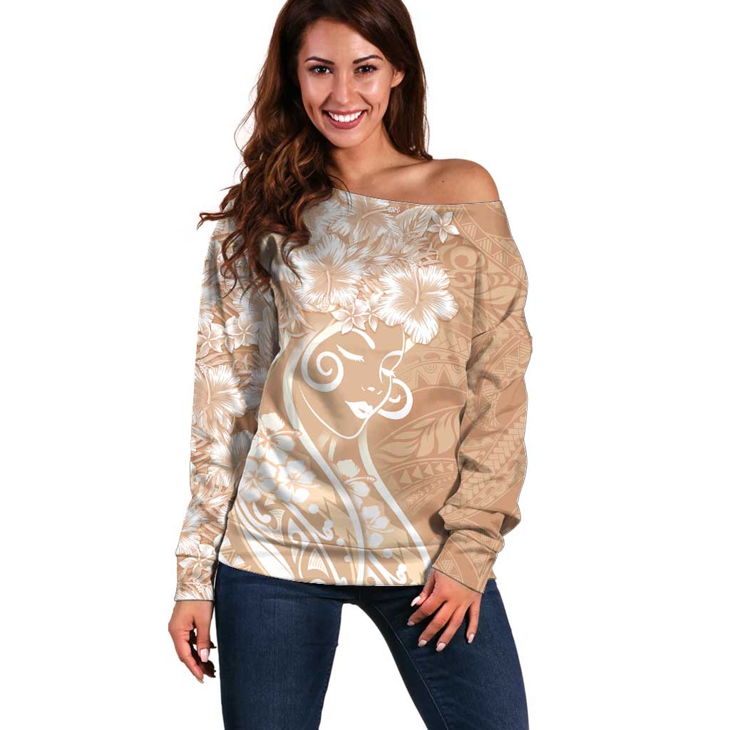 Polynesian Women's Day Off Shoulder Sweater Brown Hibiscus Flowers With Polynesian Pattern LT05 Women Brown - Polynesian Pride