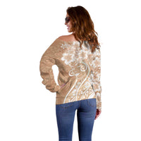 Polynesian Women's Day Off Shoulder Sweater Brown Hibiscus Flowers With Polynesian Pattern LT05 - Polynesian Pride
