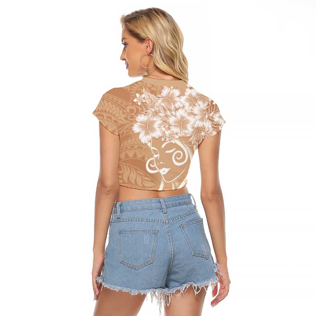 Polynesian Women's Day Raglan Cropped T Shirt Brown Hibiscus Flowers With Polynesian Pattern LT05 - Polynesian Pride