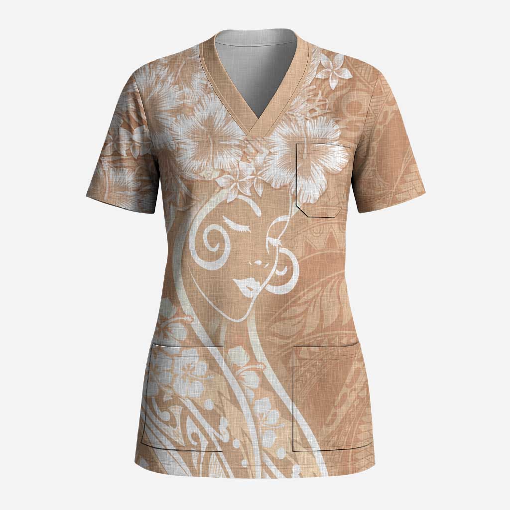 Polynesian Women's Day Scrub Top Brown Hibiscus Flowers With Polynesian Pattern LT05 Adult Brown - Polynesian Pride