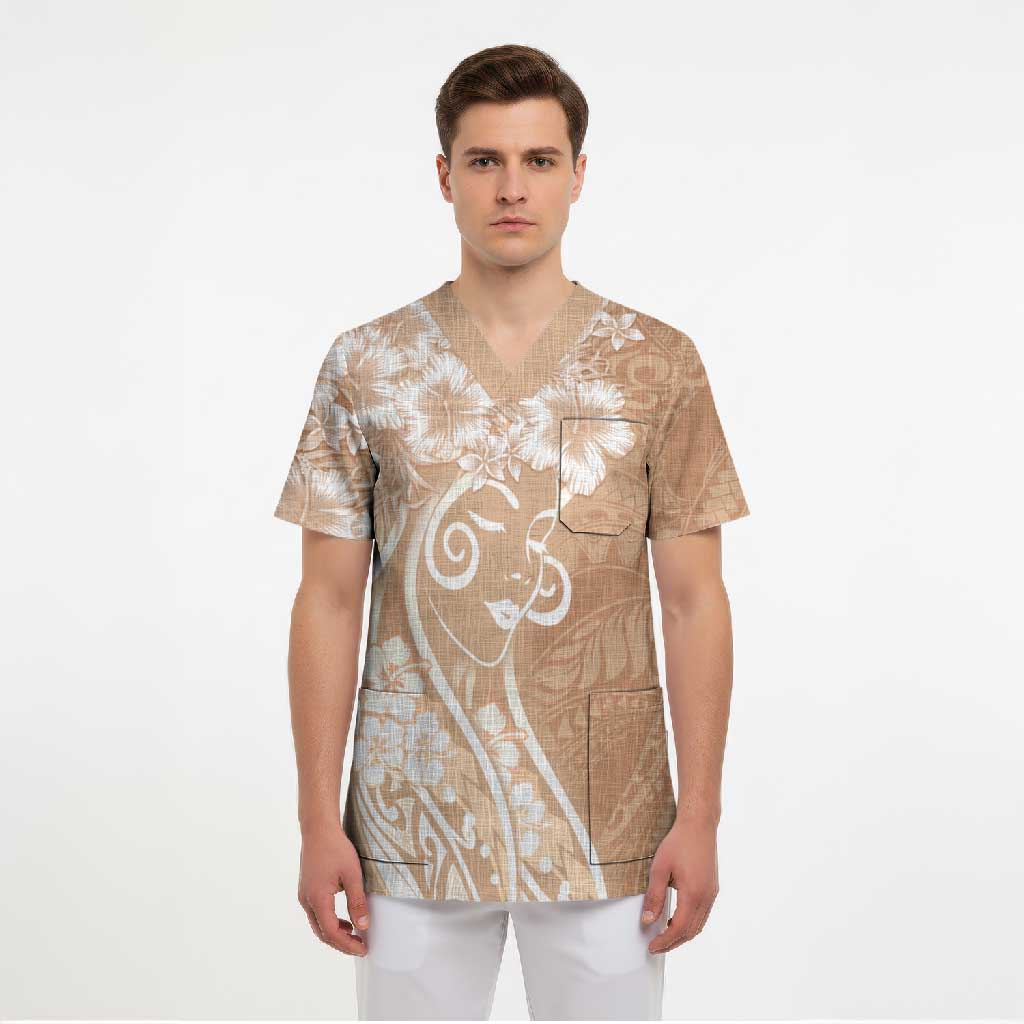 Polynesian Women's Day Scrub Top Brown Hibiscus Flowers With Polynesian Pattern LT05 - Polynesian Pride