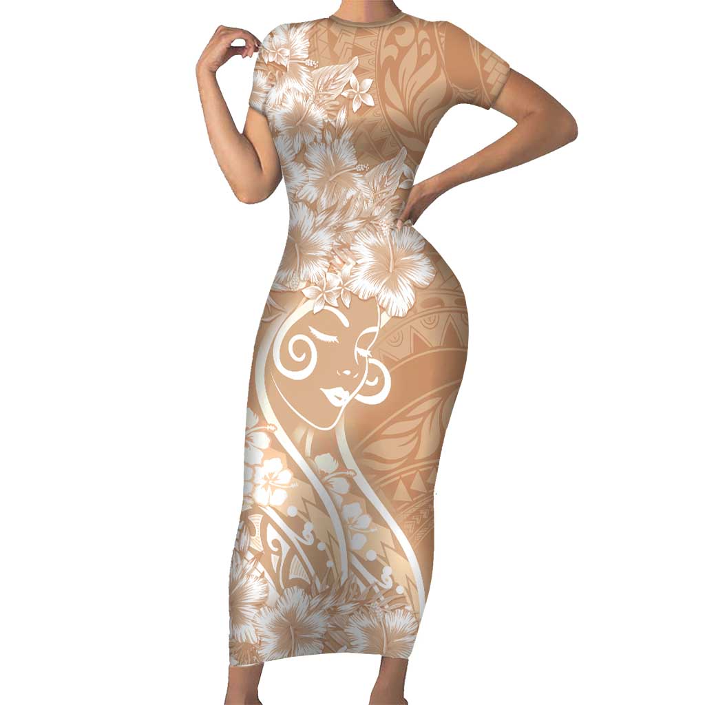 Polynesian Women's Day Short Sleeve Bodycon Dress Brown Hibiscus Flowers With Polynesian Pattern LT05 Long Dress Brown - Polynesian Pride