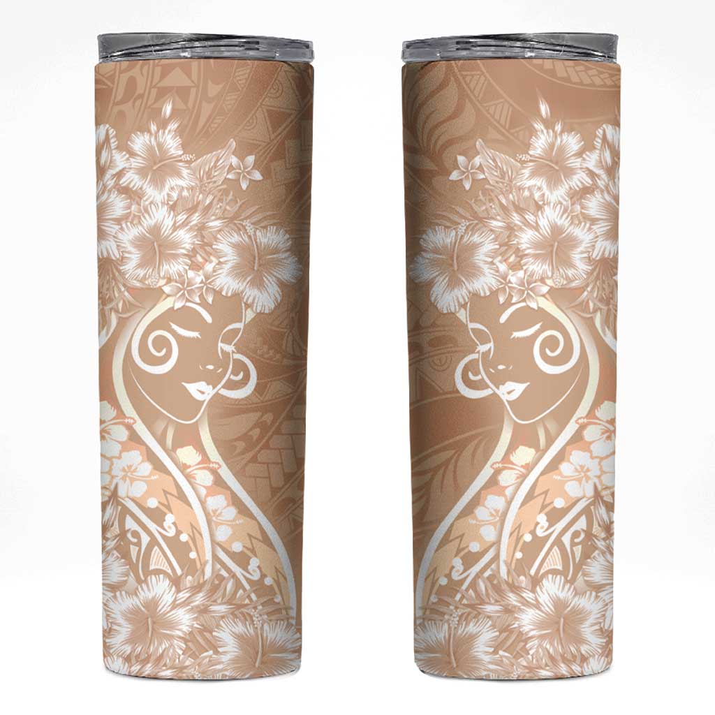 Polynesian Women's Day Skinny Tumbler Brown Hibiscus Flowers With Polynesian Pattern