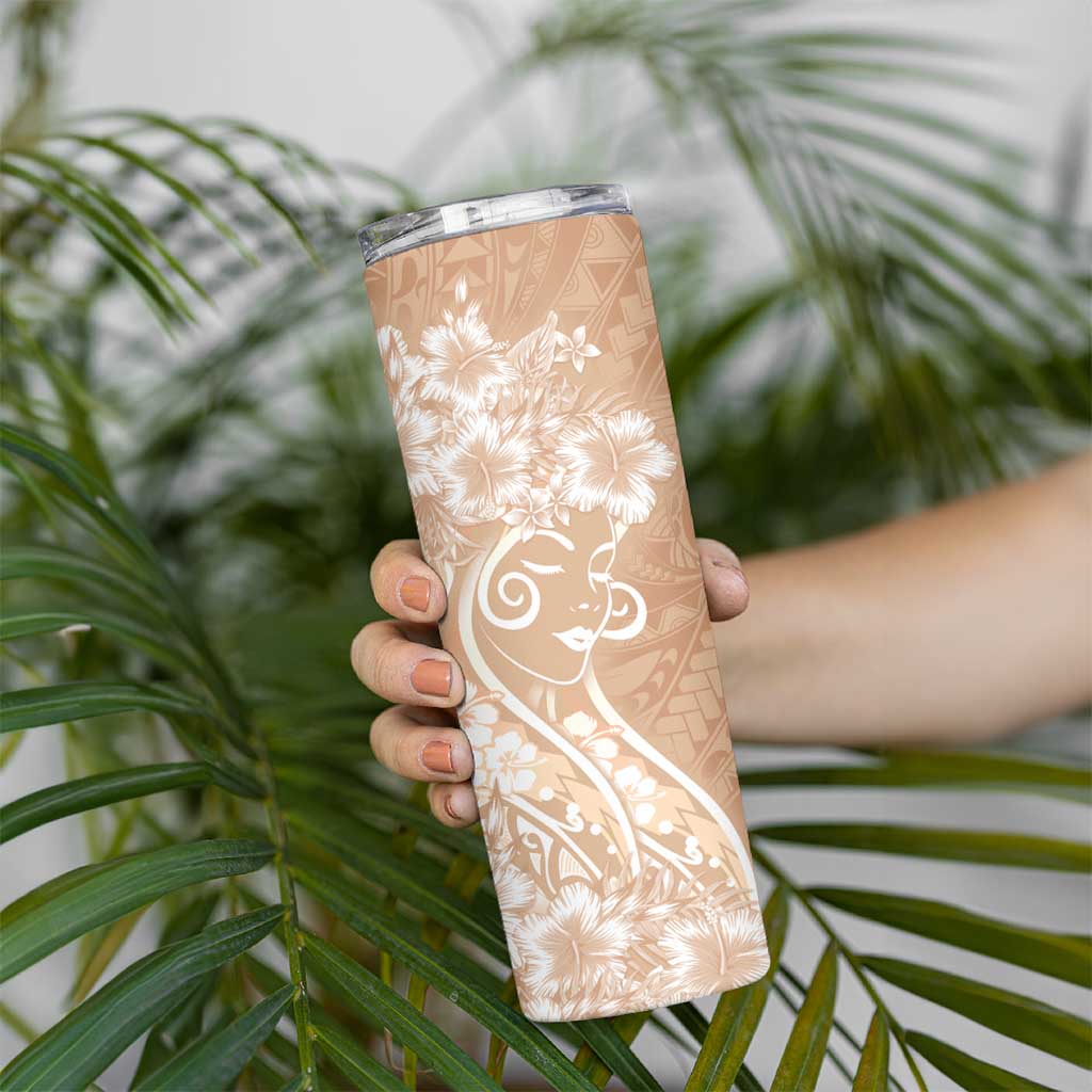 Polynesian Women's Day Skinny Tumbler Brown Hibiscus Flowers With Polynesian Pattern