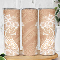 Polynesian Women's Day Skinny Tumbler Brown Hibiscus Flowers With Polynesian Pattern