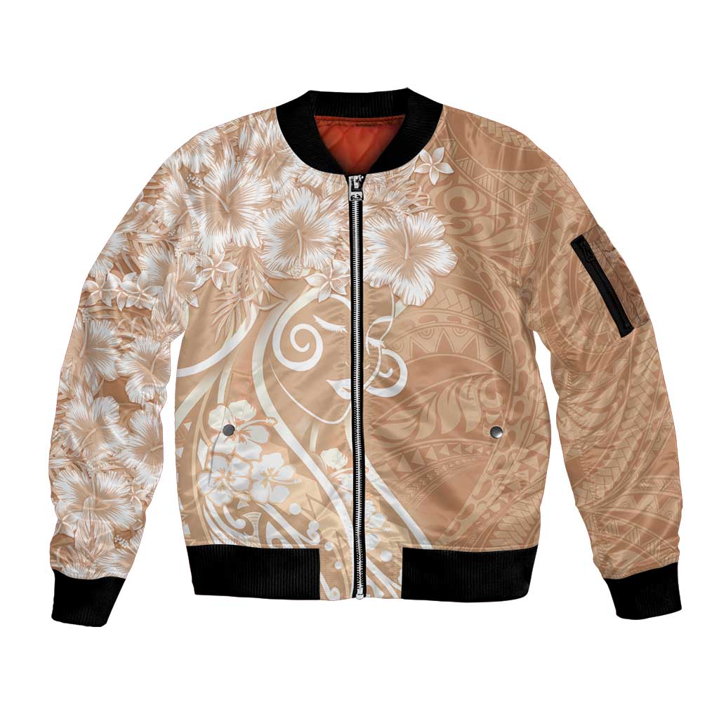 Polynesian Women's Day Sleeve Zip Bomber Jacket Brown Hibiscus Flowers With Polynesian Pattern LT05 Unisex Brown - Polynesian Pride