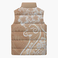 Polynesian Women's Day Sleeveless Puffer Jacket Brown Hibiscus Flowers With Polynesian Pattern LT05 - Polynesian Pride