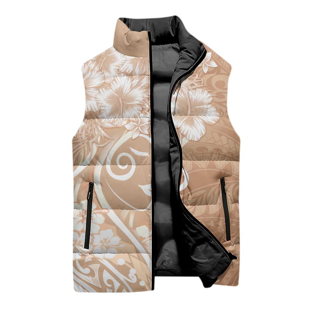 Polynesian Women's Day Sleeveless Puffer Jacket Brown Hibiscus Flowers With Polynesian Pattern LT05 - Polynesian Pride