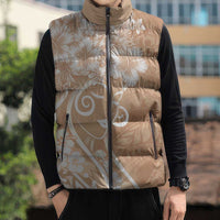 Polynesian Women's Day Sleeveless Puffer Jacket Brown Hibiscus Flowers With Polynesian Pattern LT05 - Polynesian Pride