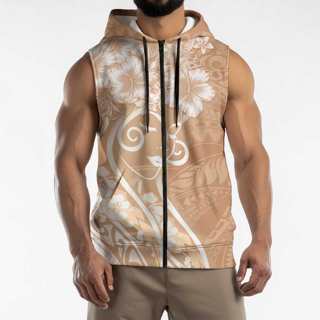 Polynesian Women's Day Sleeveless Zip Hoodie Brown Hibiscus Flowers With Polynesian Pattern LT05 - Polynesian Pride