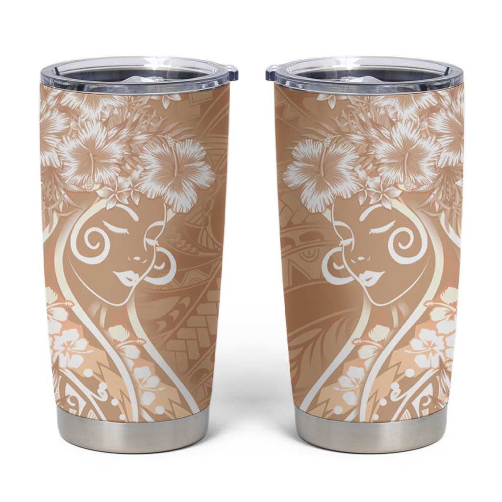 Polynesian Women's Day Tumbler Cup Brown Hibiscus Flowers With Polynesian Pattern