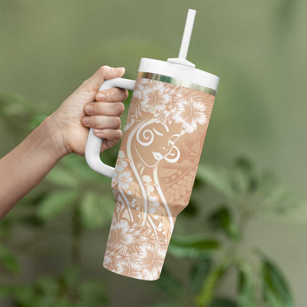 Polynesian Women's Day Tumbler With Handle Brown Hibiscus Flowers With Polynesian Pattern LT05 - Polynesian Pride