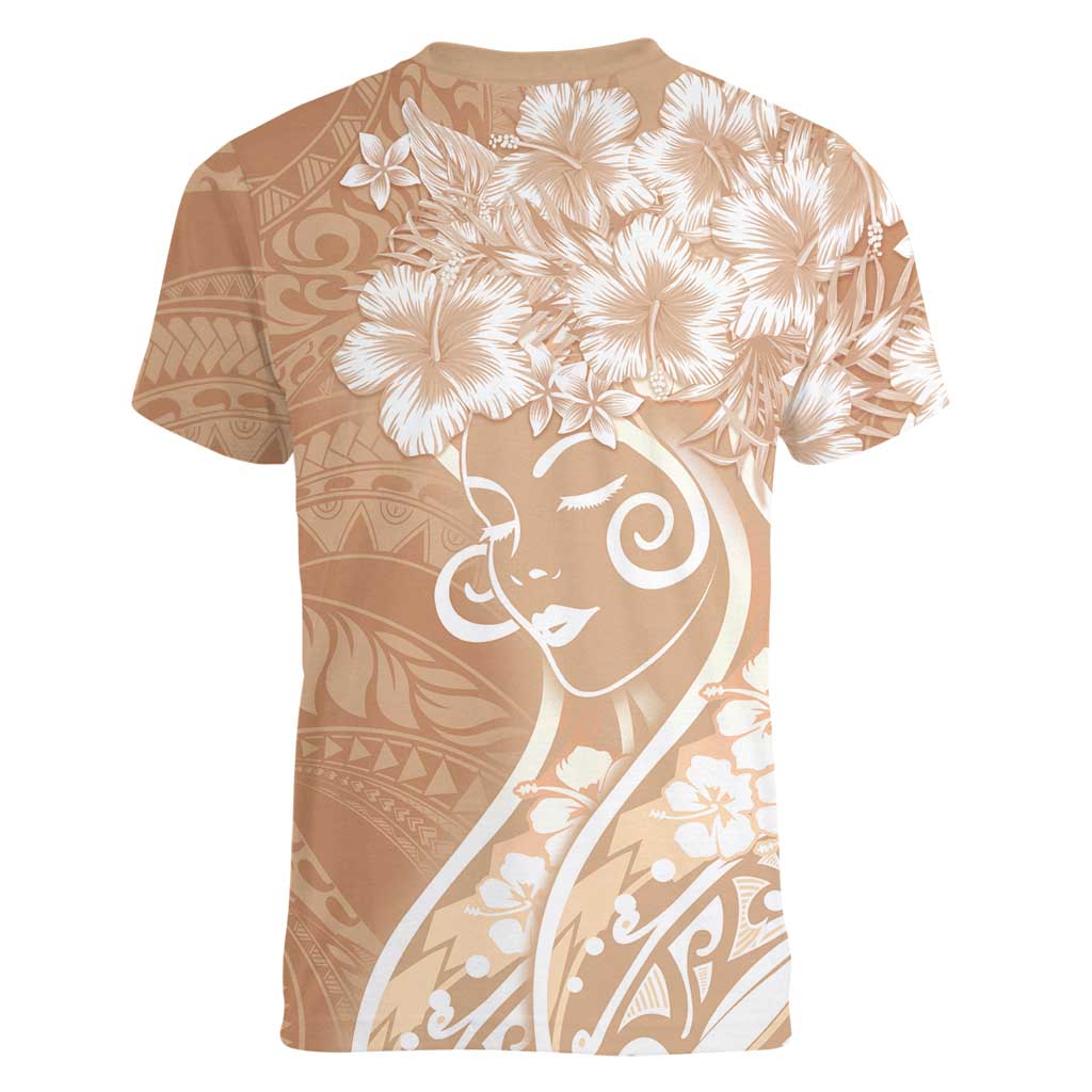 Polynesian Women's Day Women V-Neck T-Shirt Brown Hibiscus Flowers With Polynesian Pattern LT05 - Polynesian Pride
