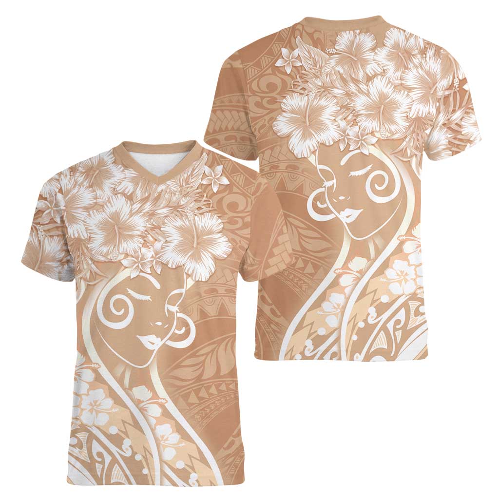 Polynesian Women's Day Women V-Neck T-Shirt Brown Hibiscus Flowers With Polynesian Pattern LT05 - Polynesian Pride
