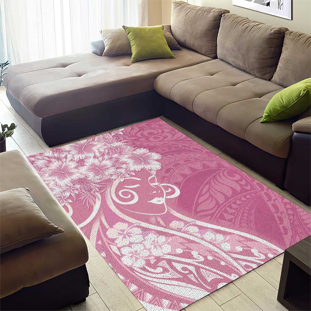 Polynesian Women's Day Area Rug Pink Hibiscus Flowers With Polynesian Pattern