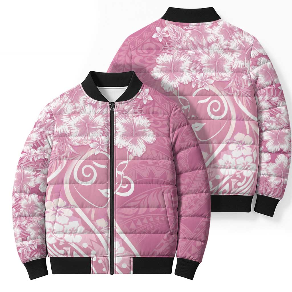 Polynesian Women's Day Bomber Puffer Jacket Pink Hibiscus Flowers With Polynesian Pattern LT05 - Polynesian Pride