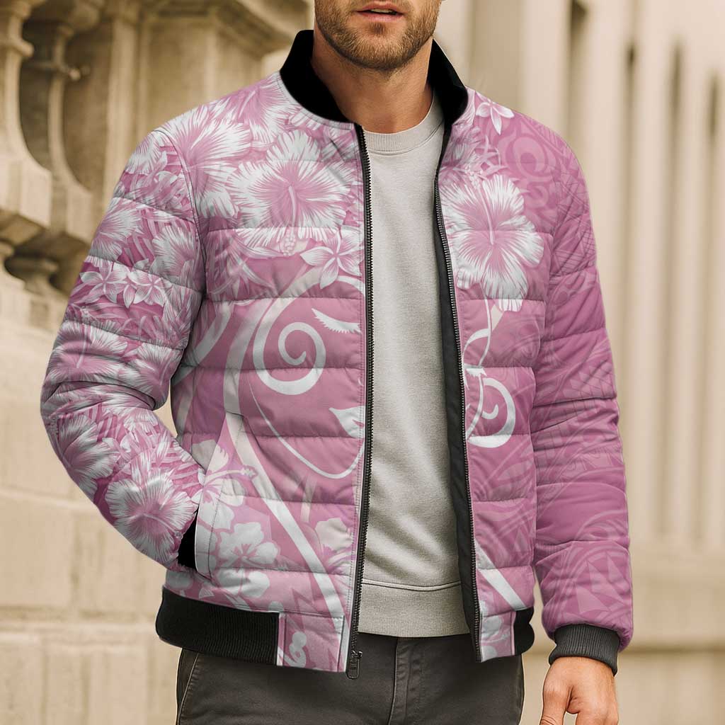 Polynesian Women's Day Bomber Puffer Jacket Pink Hibiscus Flowers With Polynesian Pattern LT05 - Polynesian Pride
